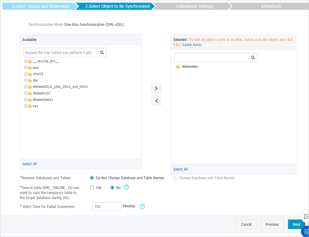 Select the processing mode and the objects to be synchronized