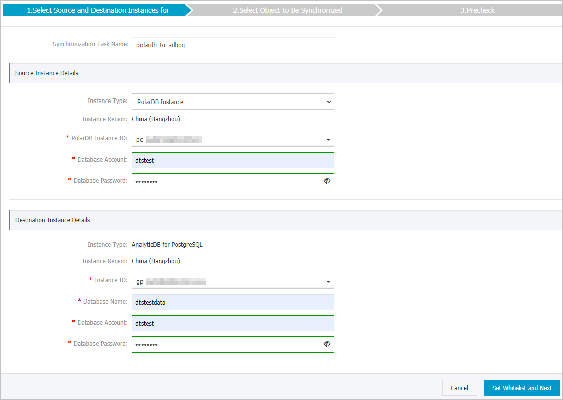 Configure the source and destination instances