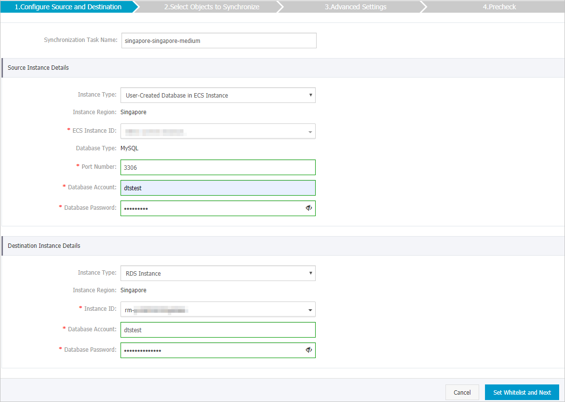 Configure the source and destination instances