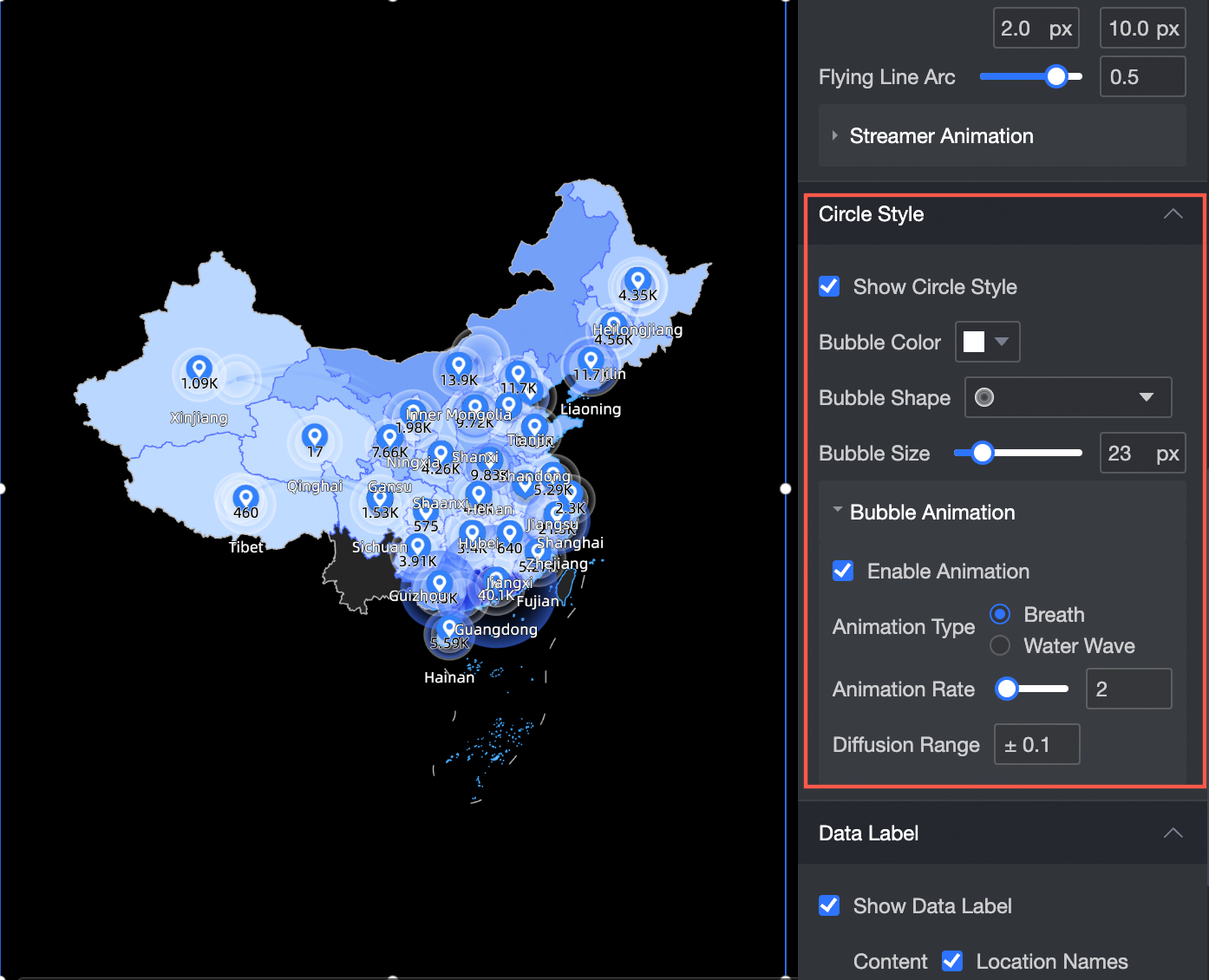 多图层地图样式飞线落点气泡