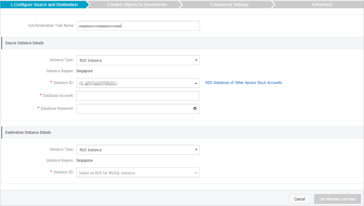 Configure the source and destination instances