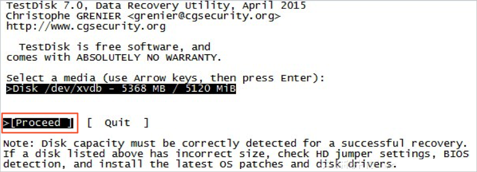 Run the testdisk /dev/xvdb command