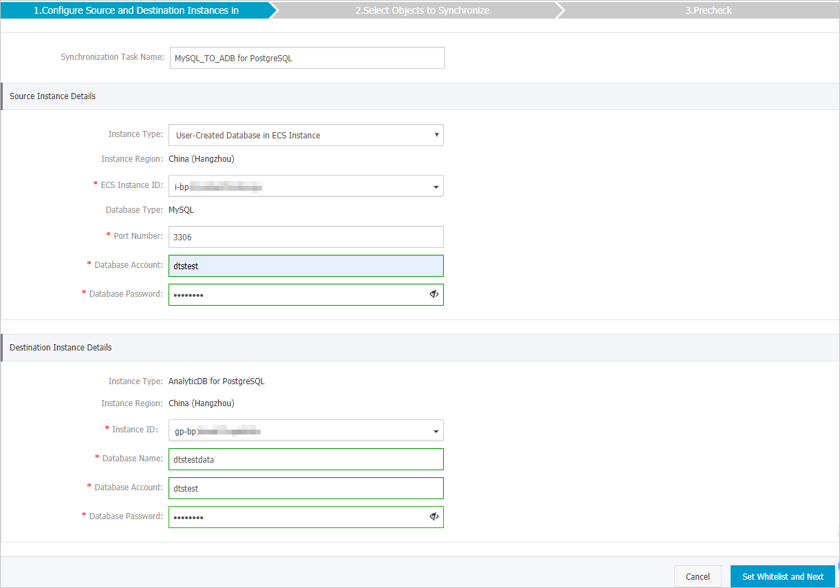 Configure the source and destination instances