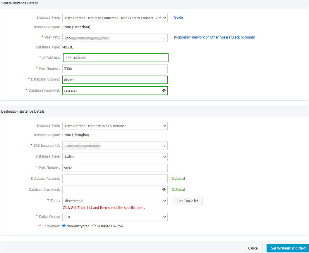 Configure the source and destination instances