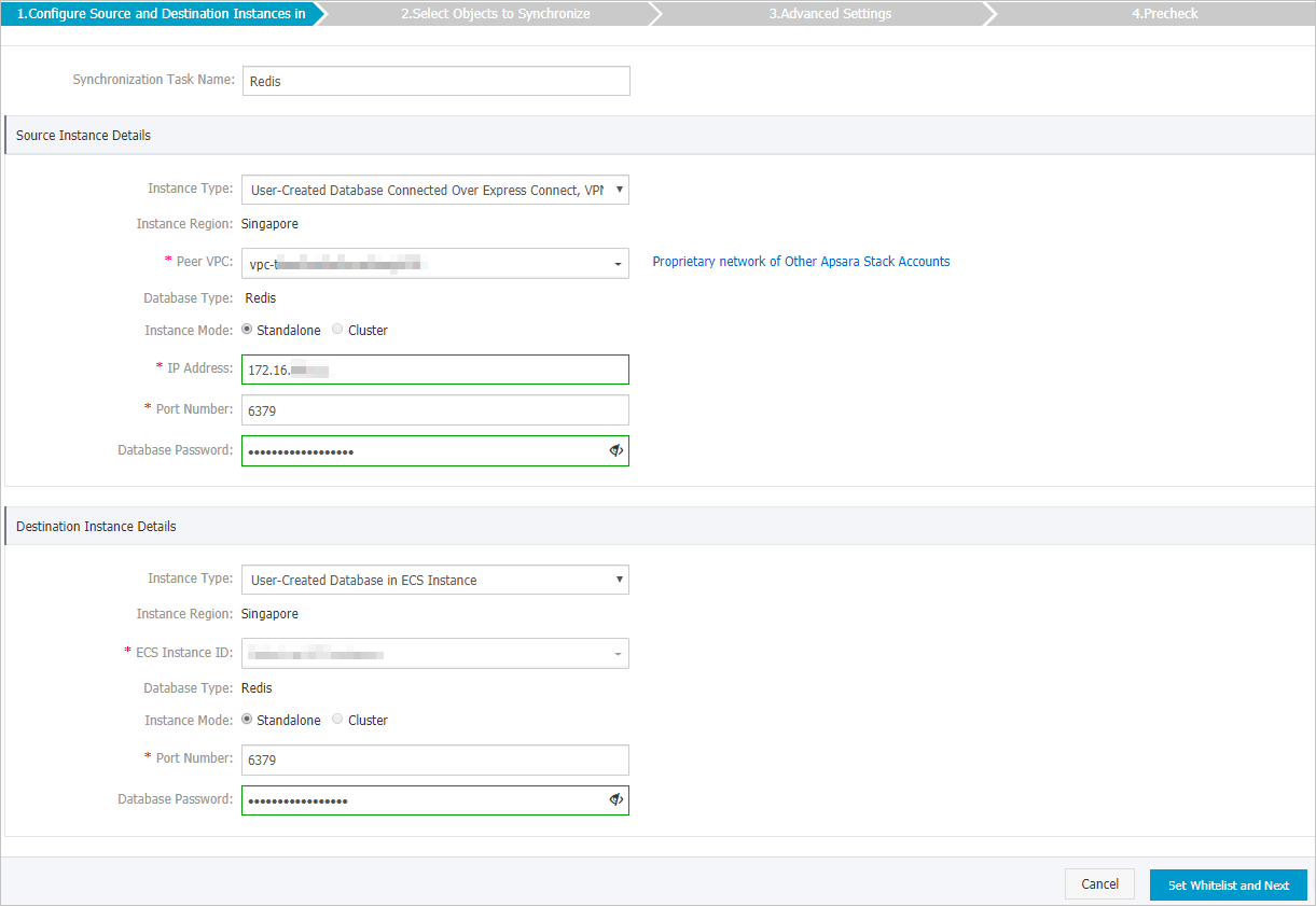 Configure the source and destination Redis databases