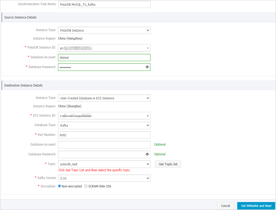 Configure the source and destination instances