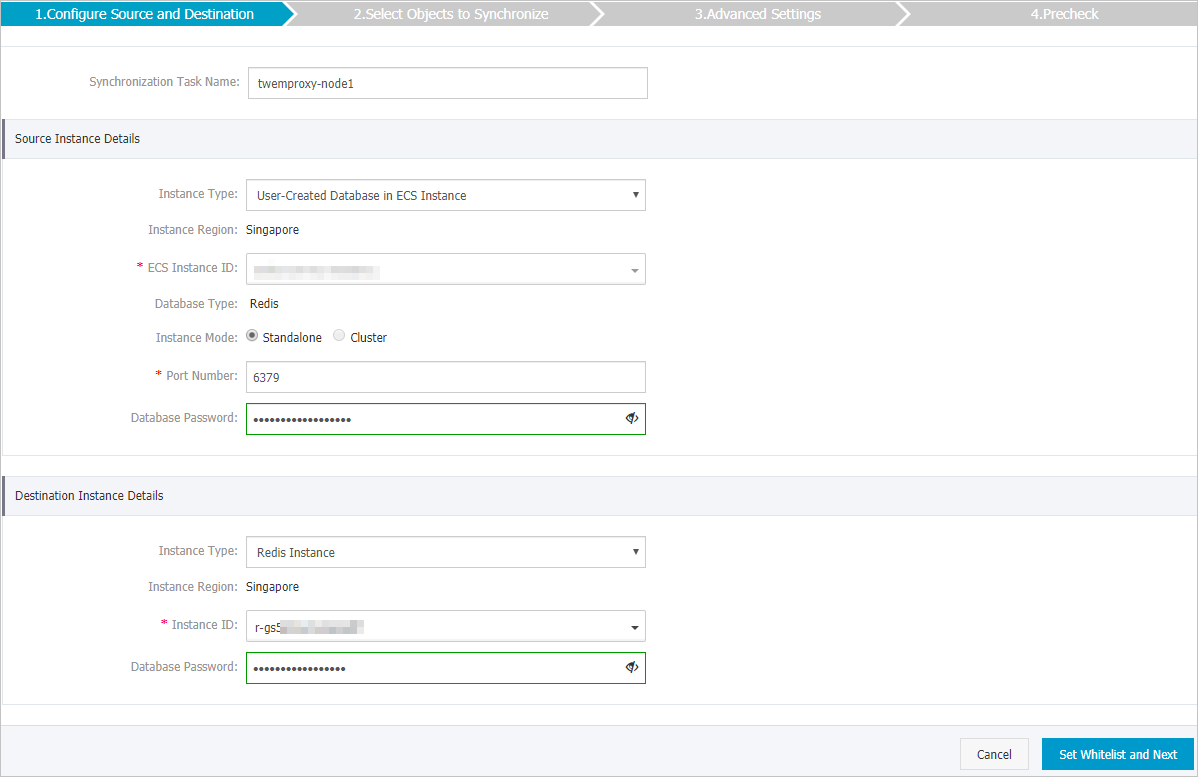 Configure the source and destination instances