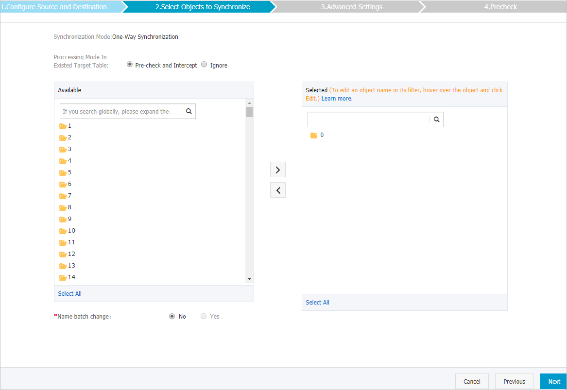 Select objects to be synchronized