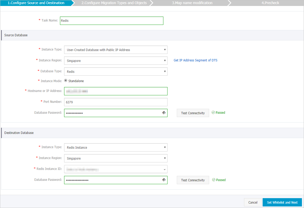 Configure the source and destination databases