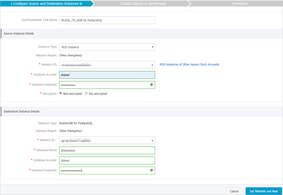 Configure the source and destination instances