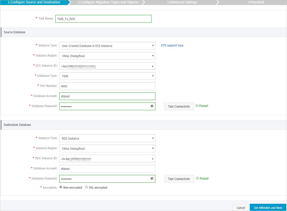 Configure the source and destination databases