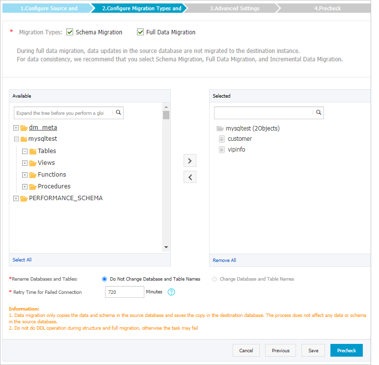 Select the objects to be migrated from a TiDB database