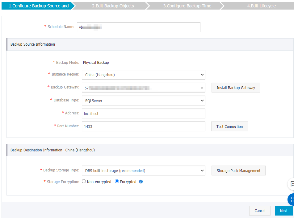 Configure a physical backup schedule for an SQL Server database