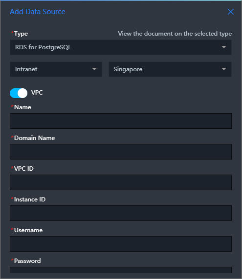 Add an ApsaraDB RDS for PostgreSQL data source over a VPC (internal network)