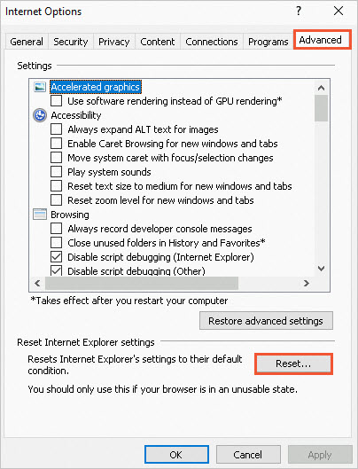 Reset the Internet Explorer browser
