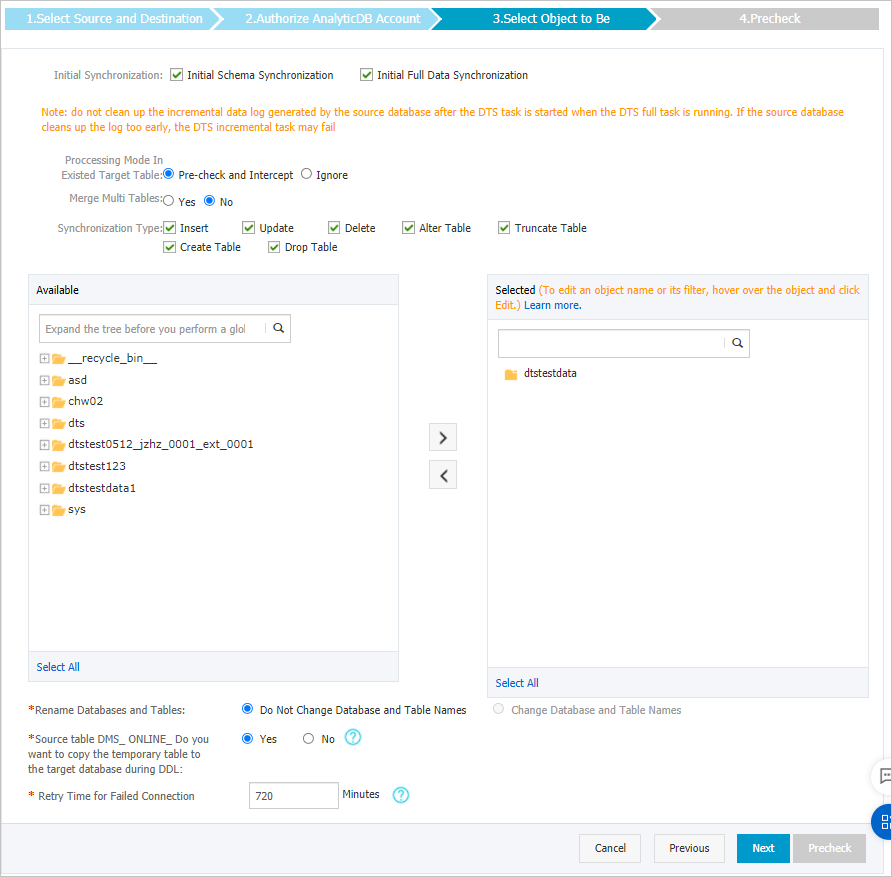 Select the synchronization policy and the objects to be synchronized