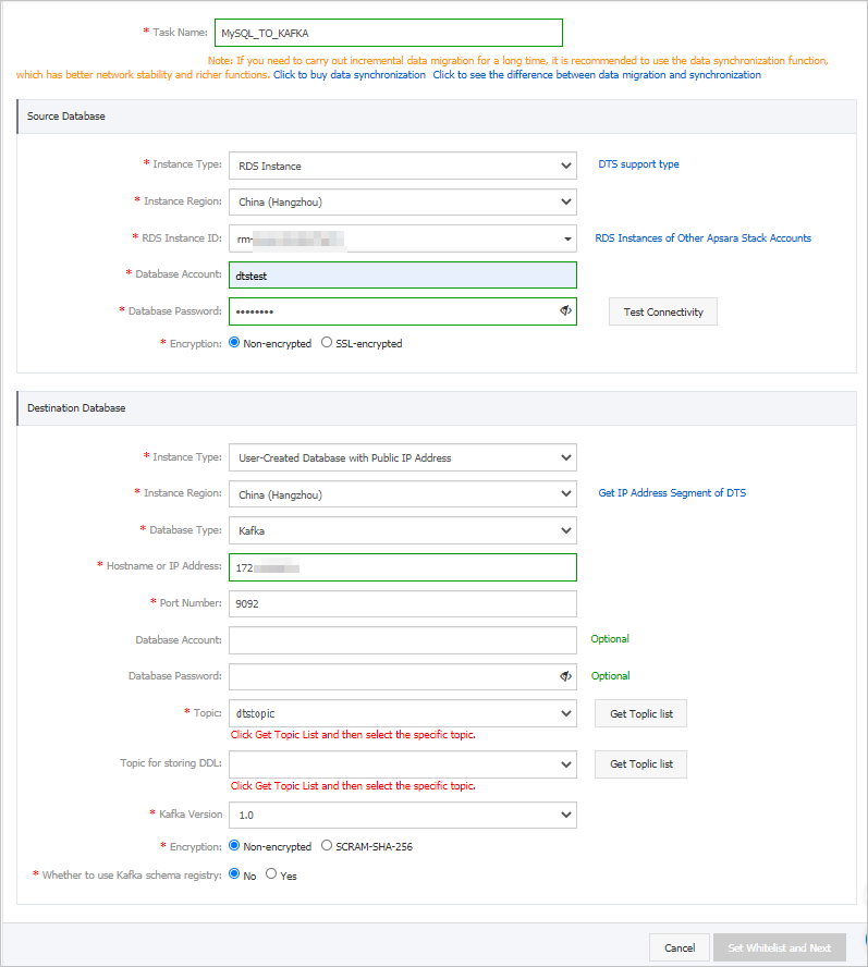 Configure the source and destination databases
