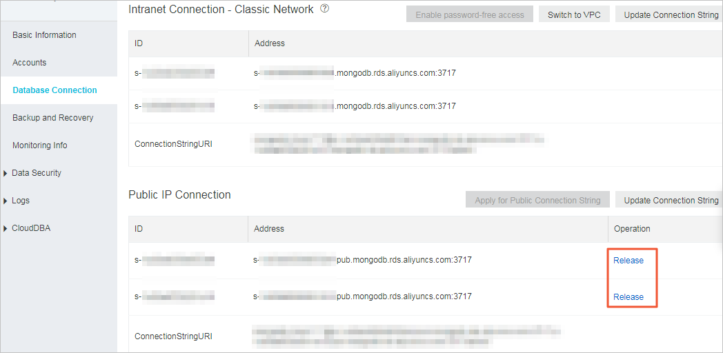 Release the public endpoint of a node