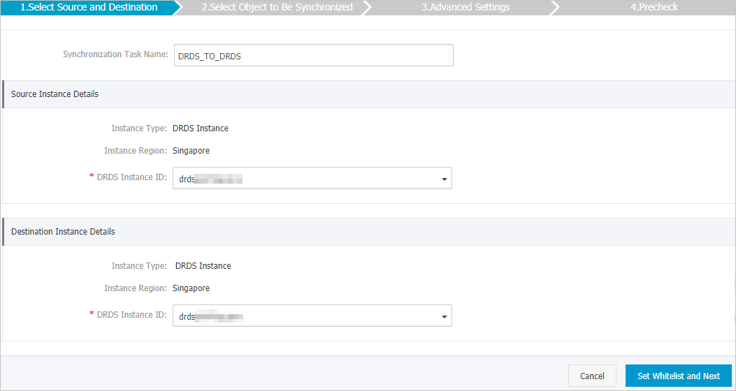 Configure the source and destination instances