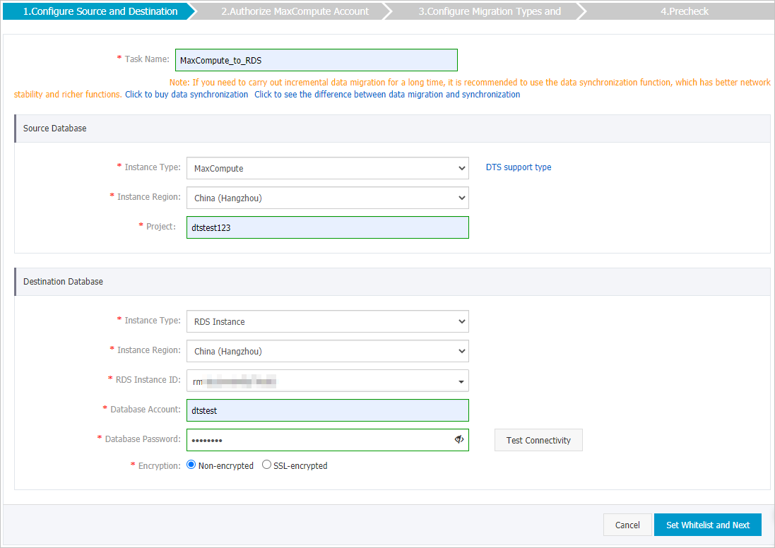 Configure the source and destination databases