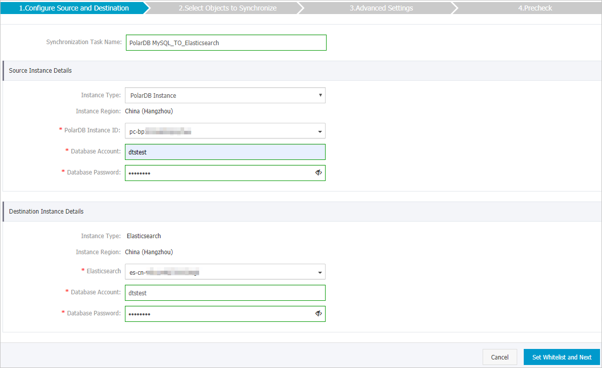 Configure the source and destination instances