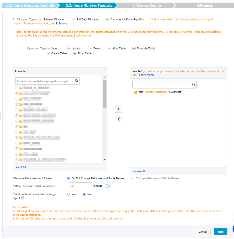 Select the migration types and the objects to be migrated