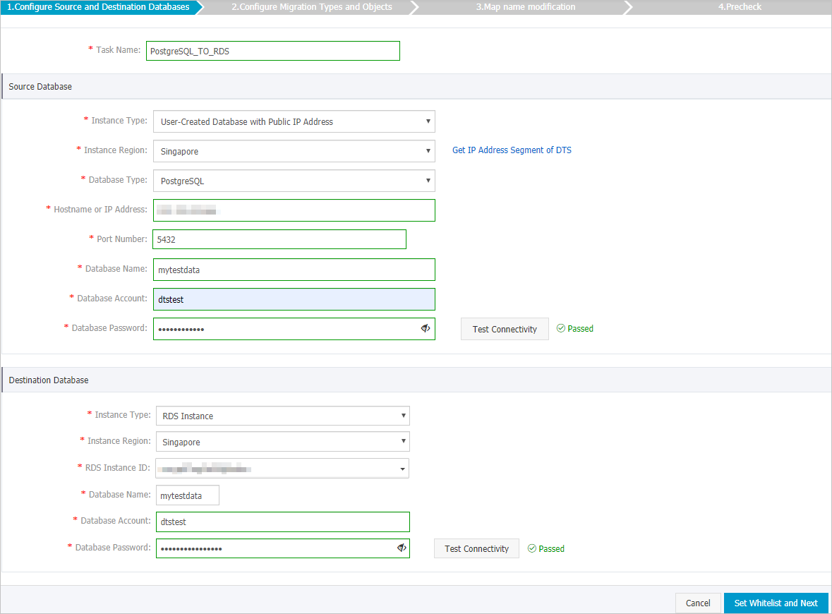 Configure the source database and the destination database