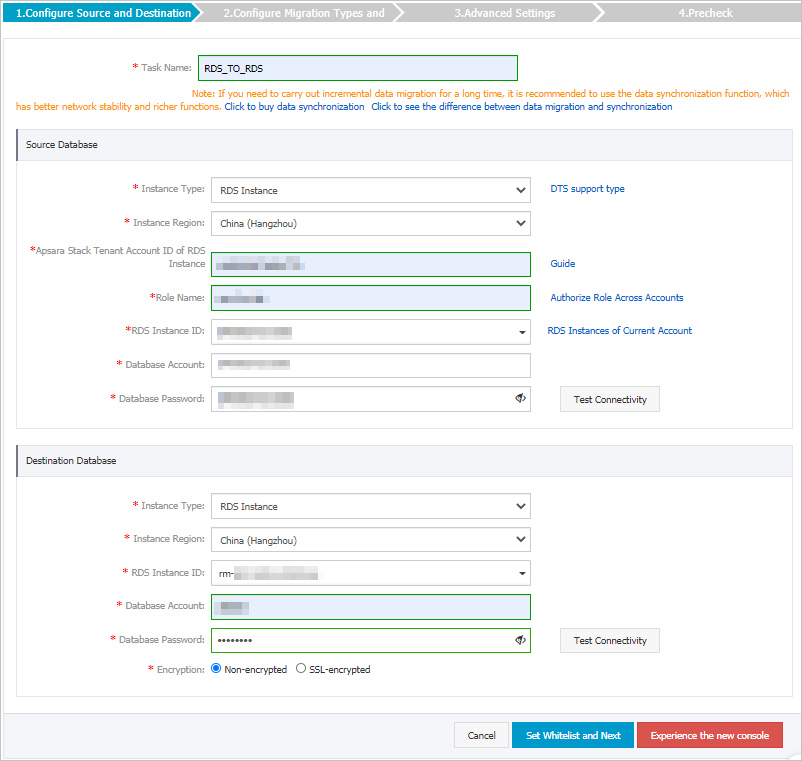 Configure the source and destination databases