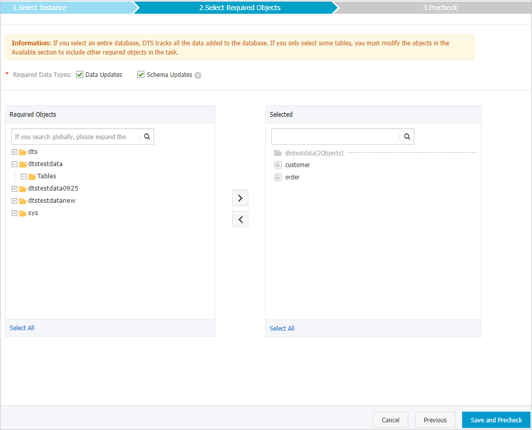 Select the data change types and objects