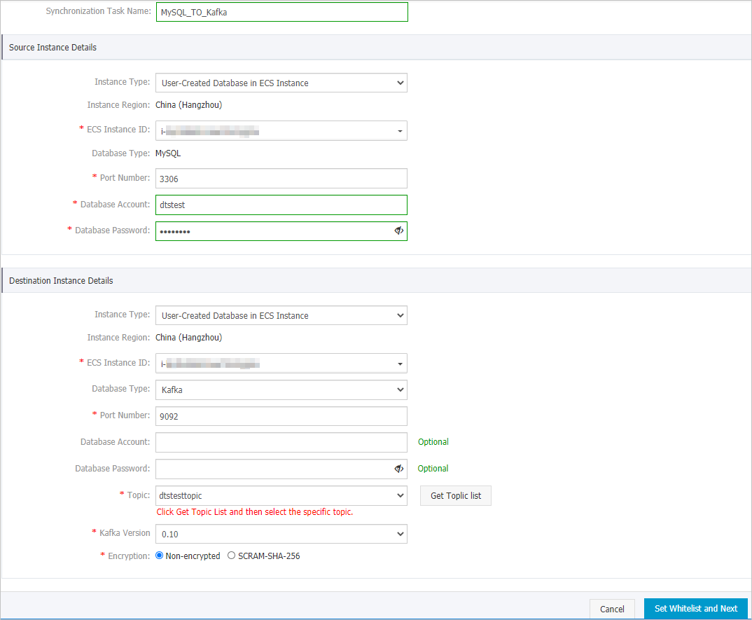 Configure the source database and destination cluster