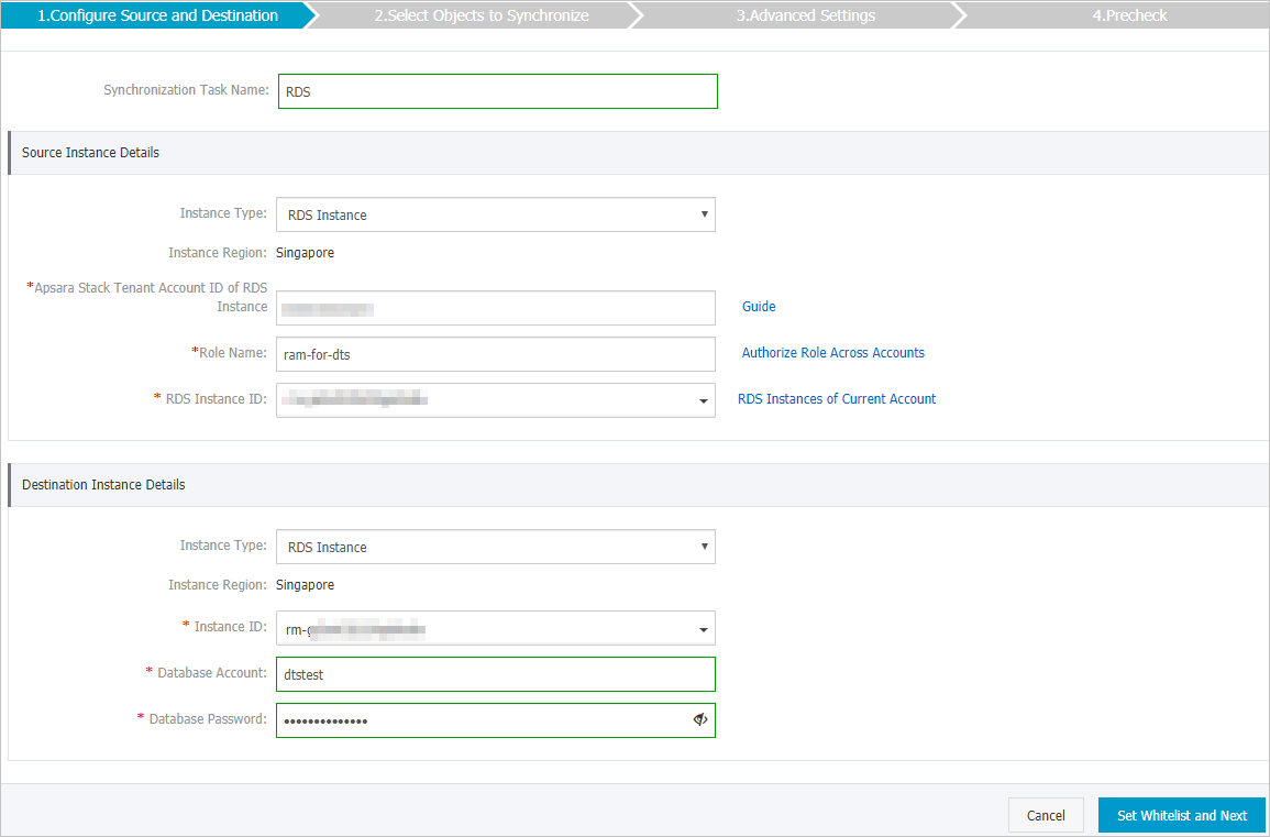 Configure the source and destination instances