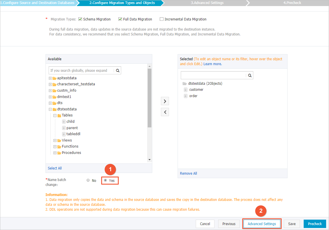 Configure name mapping for multiple tables and columns at a time