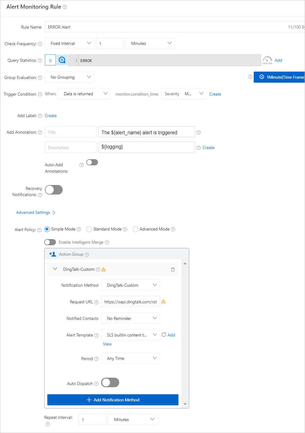 Alert monitoring rule