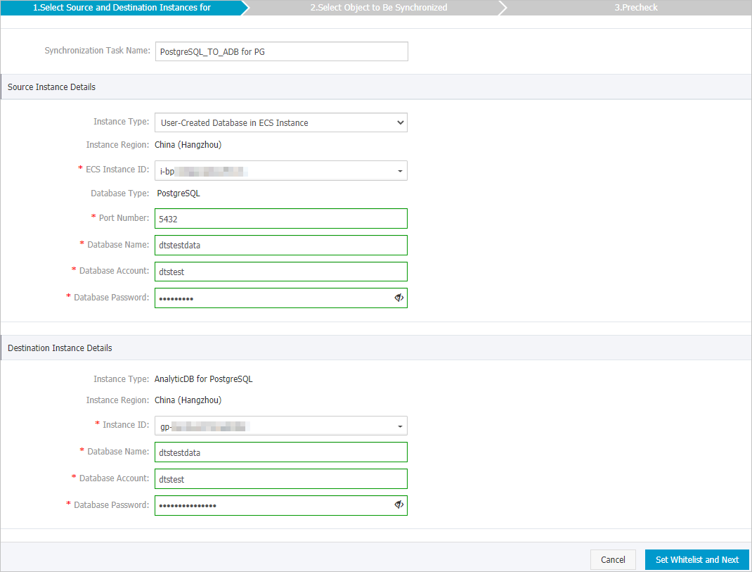 Configure the source and destination databases