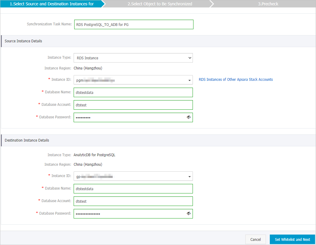 Configure the source and destination instances