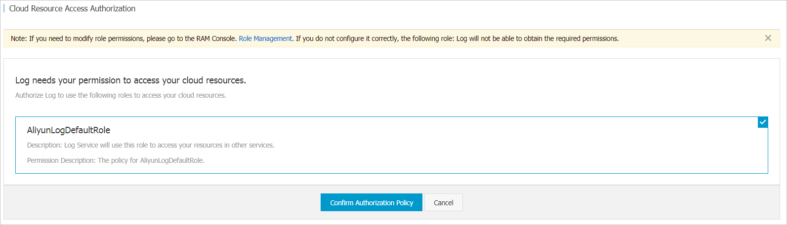 Cloud Resource Access Authorization page