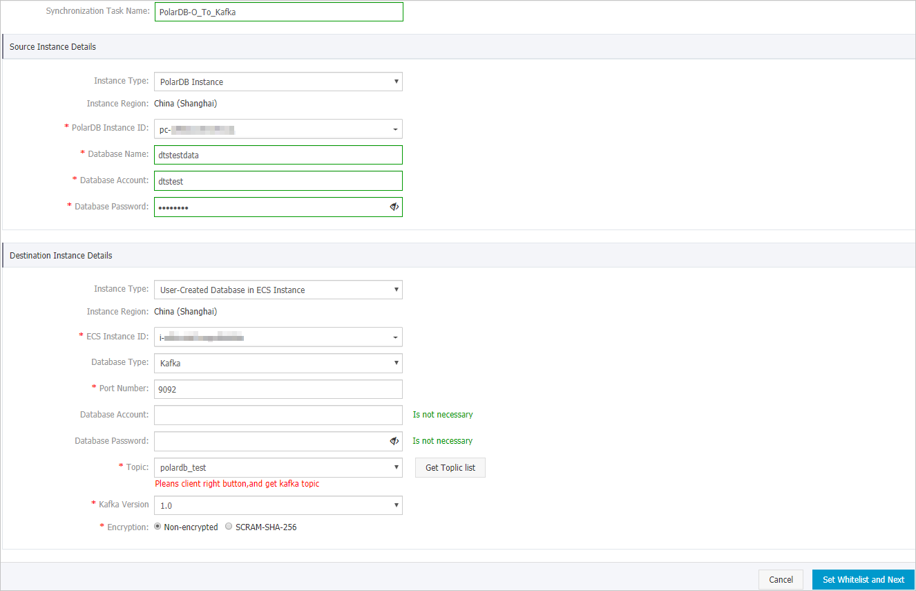 Configure the source and destination instances