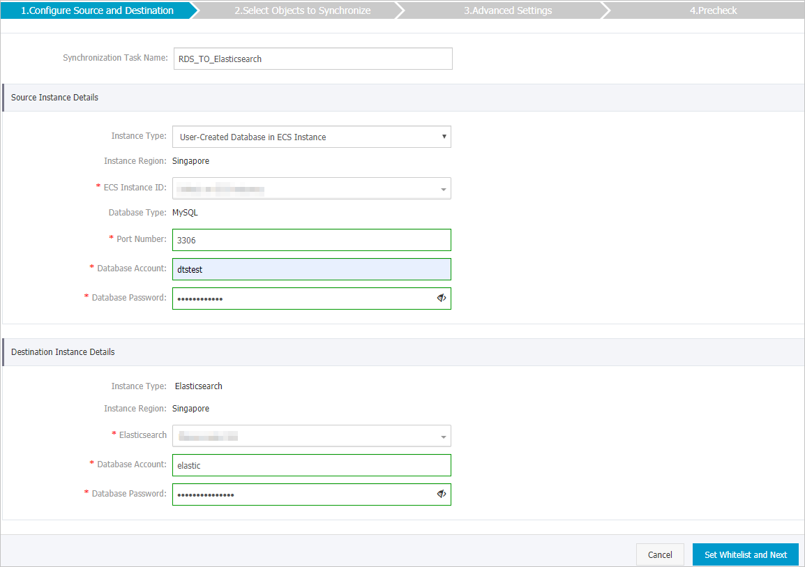 Configure the source and destination instances