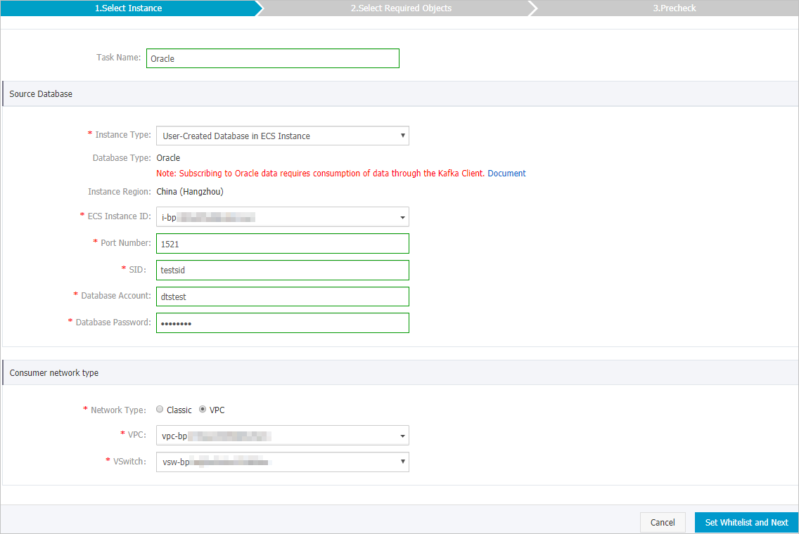 Configure the source database and network type