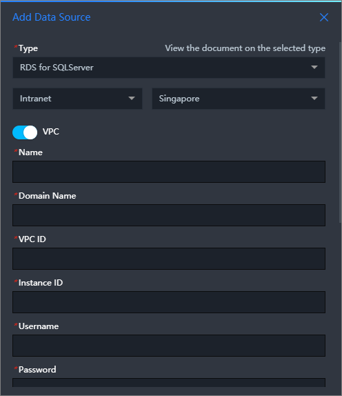 Add an ApsaraDB RDS for SQL Server data source over a VPC (internal network)