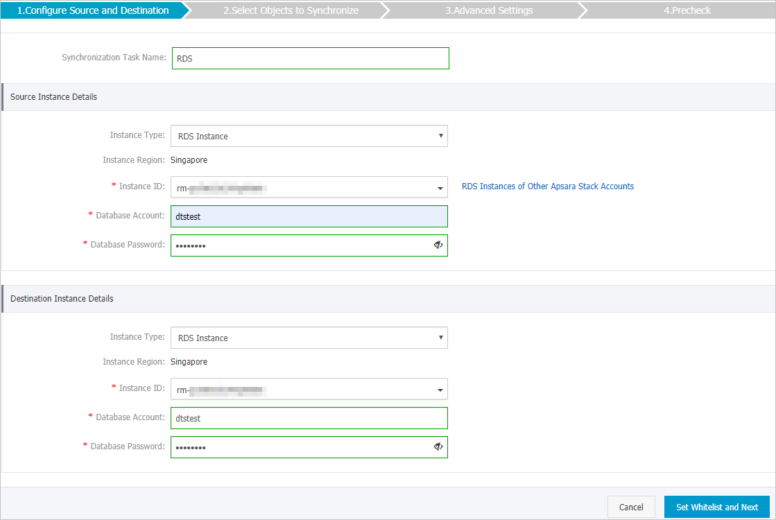 Configure source and destination instances for RDS two-way synchronization
