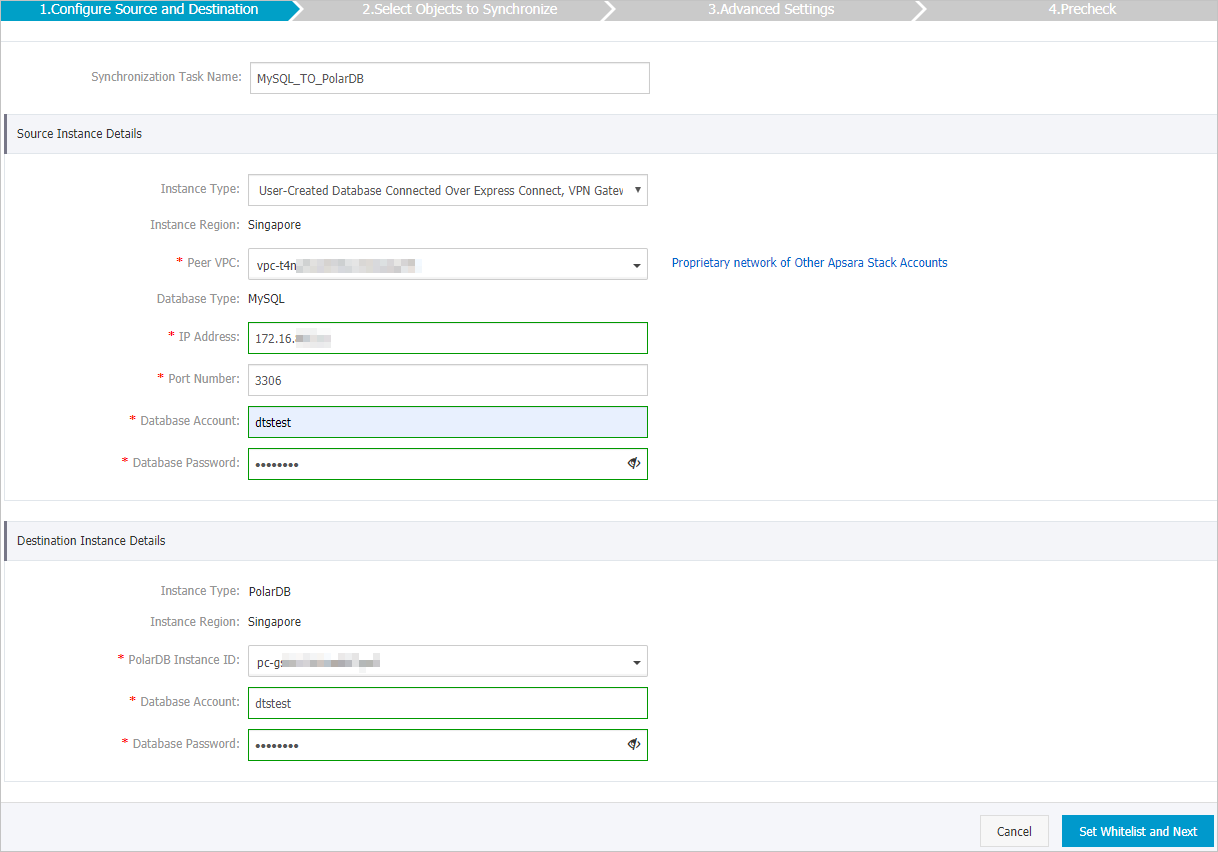 Configure the source and destination instances