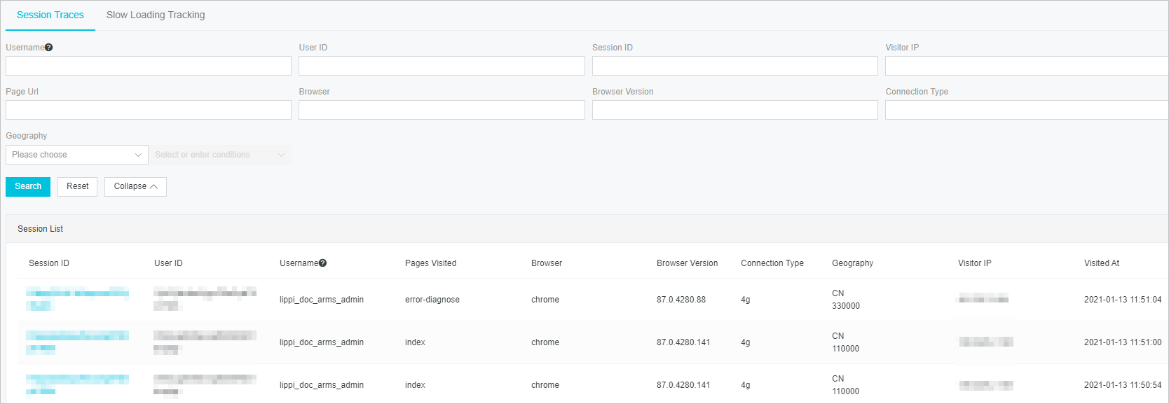 ARMS Browser Monitoring: Session Tracking - Sessions