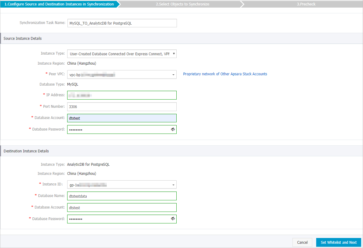 Configure the source and destination instances