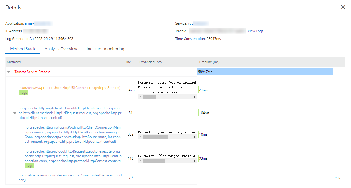 Complete trace information of the problem call