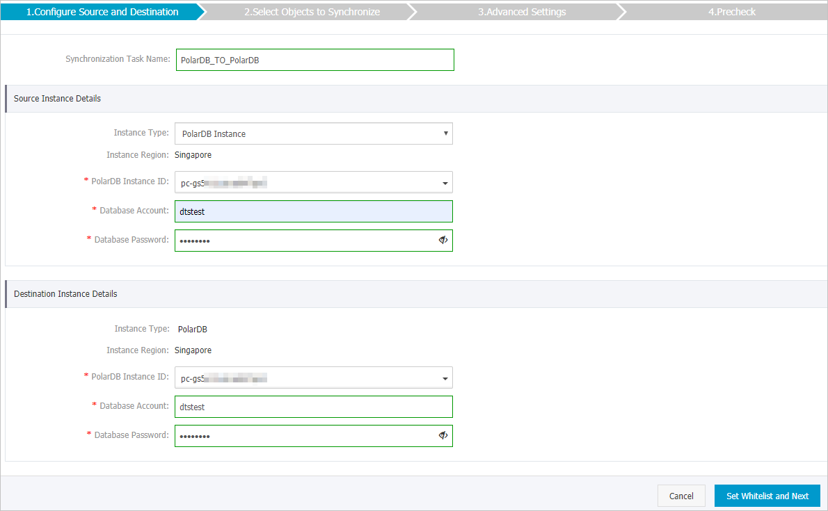 Configure the source and destination instances