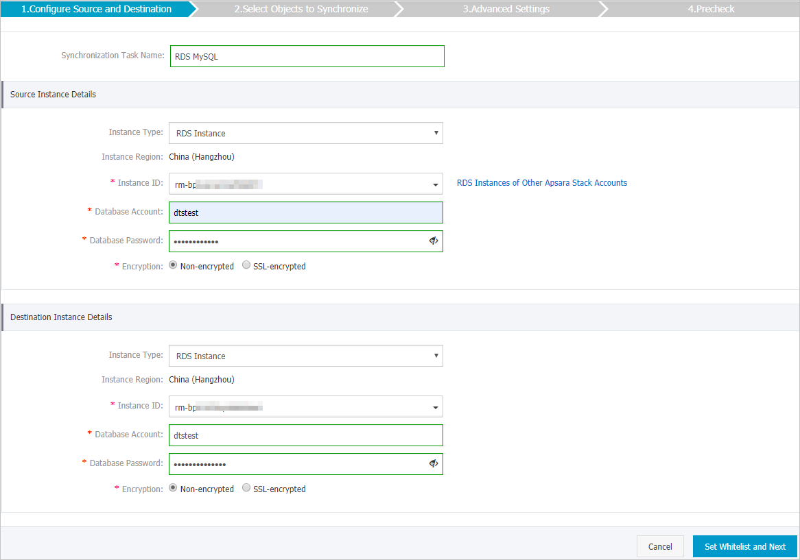 Configure the source and destination instances