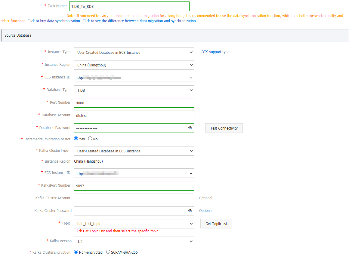 Configure the task name and source database