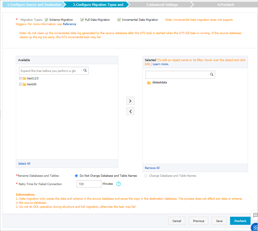 Select the migration types and objects to migrate