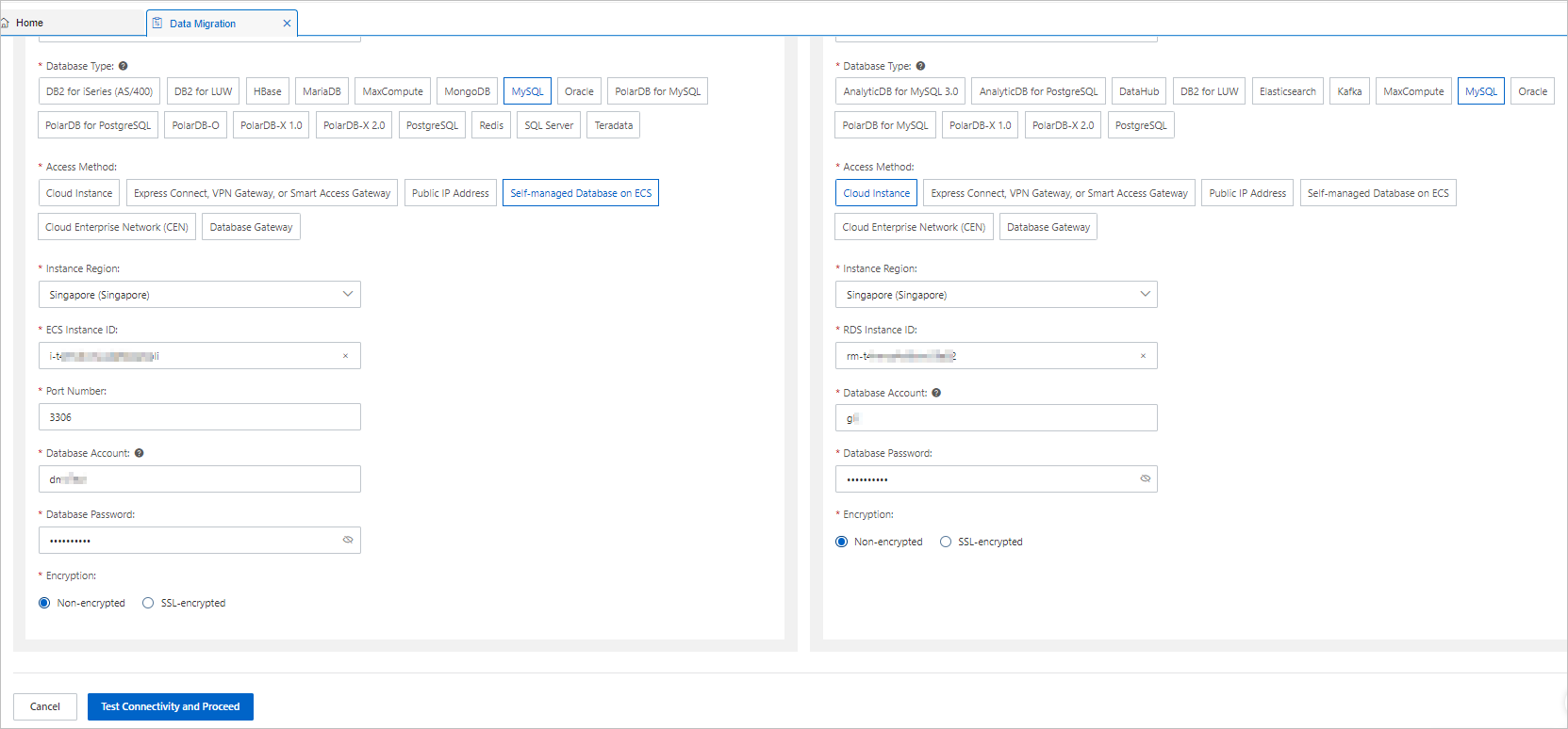Configure source and destination databases